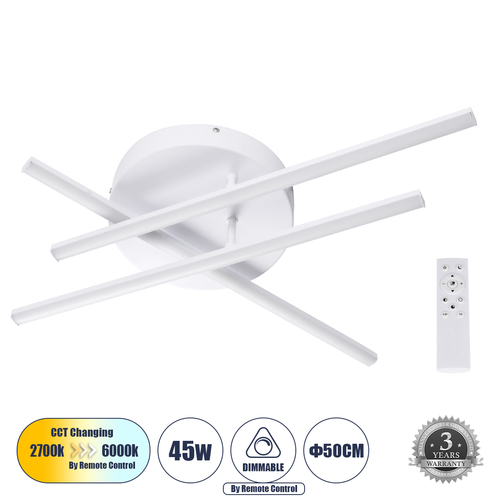GLOBOSTAR® DRACO 61094 Μοντέρνο Φωτιστικό Οροφής LED 45W 5535lm 120° AC 220-240V IP20 Ρυθμιζόμενο Λευκό CCT με Χειριστήριο από 2700K έως 6000K Dimmable - Lumileds SMD Chip - Λευκό Ματ - Μ50 x Π50 x Υ11cm - 3 Χρόνια Εγγύηση