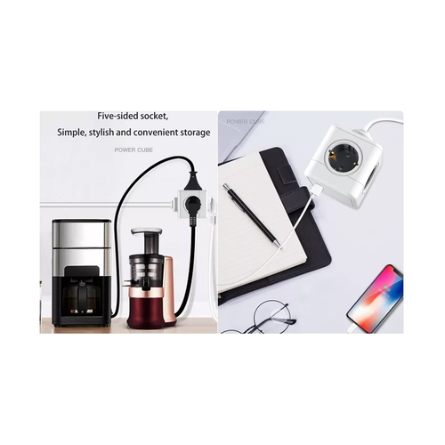 GloboStar® TRAVEL PowerCube PRO Certified 79643 Πολύπριζο 6 Θέσεων με 1.5m Kαλώδιο - 4 Πρίζες Ασφαλείας Childproof EU Schuko AC 220-240V & 2 Πρίζες USB Max 2.1A/DC 5V Μ7.5 x Π7.5 x Υ7.5 - Λευκό με Μπλε - Max Load 3680W/16A