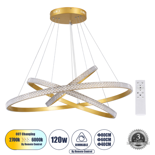 GLOBOSTAR® DIAMOND TRIO 61139-DECO Μοντέρνο Κρεμαστό Φωτιστικό Οροφής LED 120W 14723lm 360° AC 220-240V IP20 Ρυθμιζόμενο Λευκό CCT με Χειριστήριο από 2700K έως 6000K Dimmable - Lumileds SMD Chip - Χρυσό Βούρτσας - Μ80 x Π80 x Υ80cm - 3 Χρόνια Εγγύηση