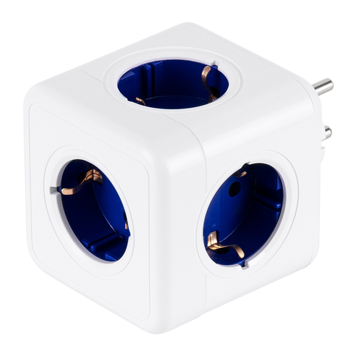 GLOBOSTAR® POWERCUBE 79629 Πολύπριζο 5 Θέσεων με 5 x EU Schuko Πρίζες Ασφαλείας Childproof AC 220-240V 3680W/16A Max Load IP20 - Λευκό & Μπλε - Μ7.5 x Π11.5 x Υ7.5cm