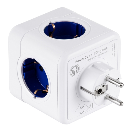 GLOBOSTAR® POWERCUBE 79629 Πολύπριζο 5 Θέσεων με 5 x EU Schuko Πρίζες Ασφαλείας Childproof AC 220-240V 3680W/16A Max Load IP20 - Λευκό & Μπλε - Μ7.5 x Π11.5 x Υ7.5cm