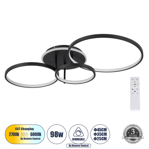 GLOBOSTAR® NEMESIS 61108 Μοντέρνο Φωτιστικό Οροφής LED 98W 11858lm 360° AC 220-240V IP20 Ρυθμιζόμενο Λευκό CCT με Χειριστήριο από 2700K έως 6000K Dimmable - Lumileds SMD Chip - Μαύρο Ματ - Μ89 x Π60 x Υ19cm - 3 Χρόνια Εγγύηση