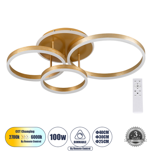 GLOBOSTAR® VENOM 61125 Μοντέρνο Φωτιστικό Οροφής LED 100W 12100lm 360° AC 220-240V IP20 Ρυθμιζόμενο Λευκό CCT με Χειριστήριο από 2700K έως 6000K Dimmable - Lumileds SMD Chip - Χρυσό Βούρτσας - Μ70 x Π40 x Υ16cm - 3 Χρόνια Εγγύηση