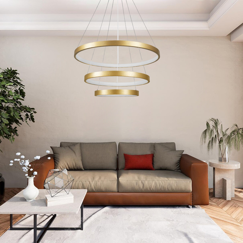 GLOBOSTAR® NEMESIS TRIO 61172 Μοντέρνο Κρεμαστό Φωτιστικό Οροφής LED 120W 14723lm 360° AC 220-240V IP20 Ρυθμιζόμενο Λευκό CCT με Χειριστήριο από 2700K έως 6000K Dimmable - Lumileds SMD Chip - Χρυσό Βούρτσας - Μ80 x Π80 x Υ80cm - 3 Χρόνια Εγγύηση