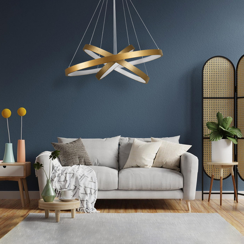 GLOBOSTAR® NEMESIS TRIO 61172 Μοντέρνο Κρεμαστό Φωτιστικό Οροφής LED 120W 14723lm 360° AC 220-240V IP20 Ρυθμιζόμενο Λευκό CCT με Χειριστήριο από 2700K έως 6000K Dimmable - Lumileds SMD Chip - Χρυσό Βούρτσας - Μ80 x Π80 x Υ80cm - 3 Χρόνια Εγγύηση