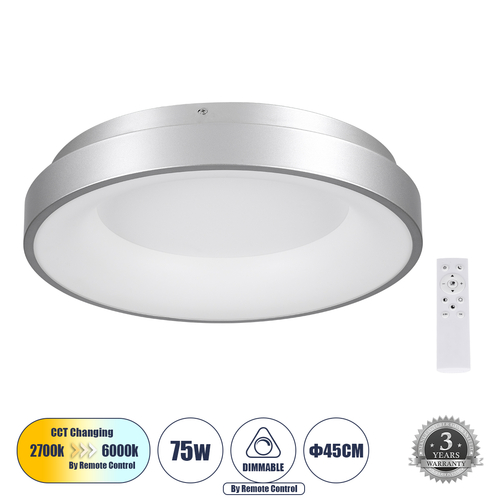 GLOBOSTAR® SALEM 61234 Μοντέρνο Φωτιστικό Οροφής LED 75W 8625lm 120° AC 220-240V IP20 Ρυθμιζόμενο Λευκό CCT με Χειριστήριο από 2700K έως 6000K Dimmable - Lumileds SMD Chip - Γκρι - Μ45 x Π45 x Υ8.5cm - 3 Χρόνια Εγγύηση