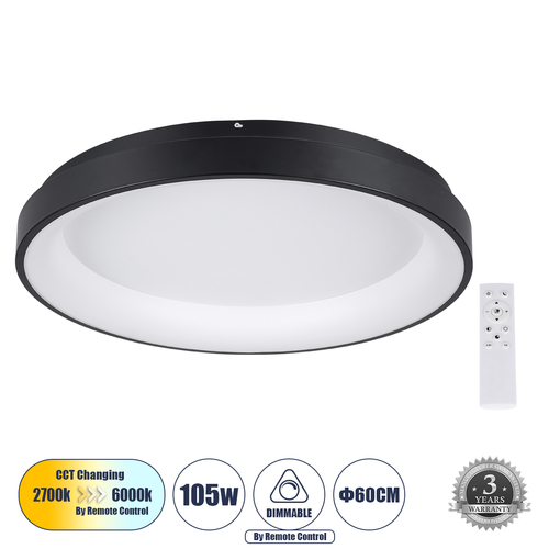 GLOBOSTAR® SALEM 61237 Μοντέρνο Φωτιστικό Οροφής LED 105W 12075lm 120° AC 220-240V IP20 Ρυθμιζόμενο Λευκό CCT με Χειριστήριο από 2700K έως 6000K Dimmable - Lumileds SMD Chip - Μαύρο Ματ - Μ60 x Π60 x Υ8.5cm - 3 Χρόνια Εγγύηση