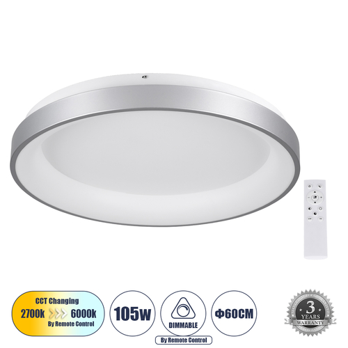 GLOBOSTAR® SALEM 61238 Μοντέρνο Φωτιστικό Οροφής LED 105W 12075lm 120° AC 220-240V IP20 Ρυθμιζόμενο Λευκό CCT με Χειριστήριο από 2700K έως 6000K Dimmable - Lumileds SMD Chip - Γκρι - Μ60 x Π60 x Υ8.5cm - 3 Χρόνια Εγγύηση