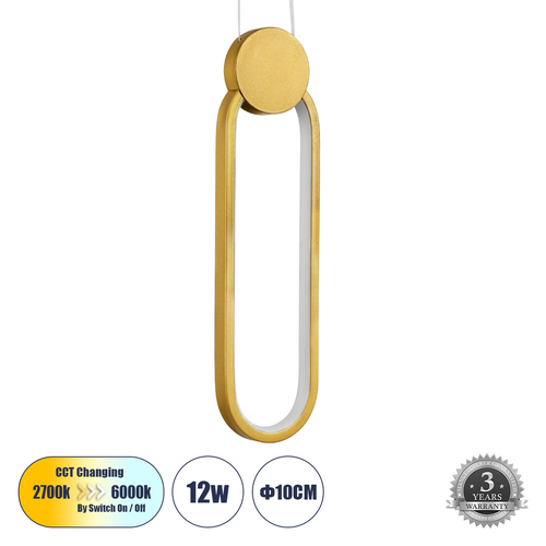 GLOBOSTAR® ILDI 61090 Μοντέρνο Κρεμαστό Φωτιστικό Οροφής LED 12W 1440lm 300° AC 220-240V IP20 Ρυθμιζόμενο Λευκό CCT με On/Off 2700K/4500K/6000K - Lumileds SMD Chip - Χρυσό Βούρτσας - Μ10 x Π2.3 x Υ38cm - 3 Χρόνια Εγγύηση