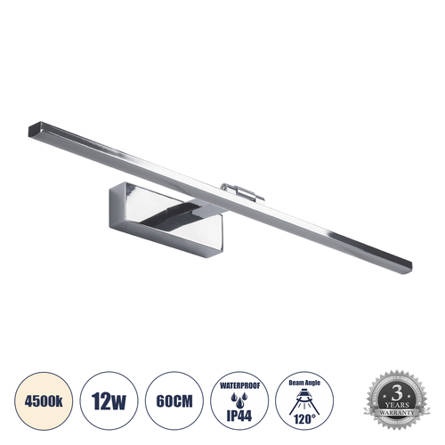 GLOBOSTAR® ELLIS 60445 Μοντέρνο Φωτιστικό Τοίχου - Απλίκα Καθρέπτη Μπάνιου LED 12W 1400lm 120° AC 220-240V IP20 Φυσικό Λευκό 4500K - Lumileds SMD Chip & TÜV SÜD Driver - Νίκελ Χρώμιο - Μ60 x Π16 x Υ6cm - 3 Χρόνια Εγγύηση