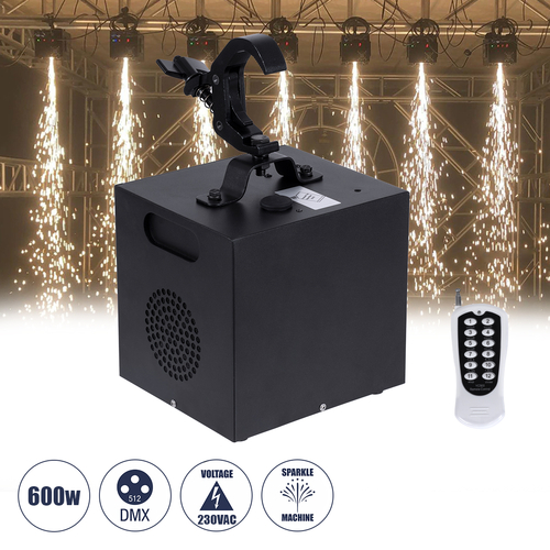 GloboStar® 51131 SIRENS Επαγγελματική Κρεμαστή Μηχανή Cold Sparkle Machine - Fountain Εφέ με Άκαυστες Σπίθες 600W AC 220V-240V DMX512 Display on Body & Ασύρματο Χειριστήριο - Μαύρο - L20 x W18 x H34cm