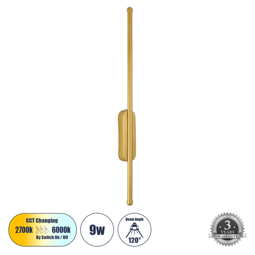GLOBOSTAR® HARLEM 61332 Μοντέρνο Φωτιστικό Τοίχου - Απλίκα LED 9W 1080lm 120° AC 220-240V IP20 Ρυθμιζόμενο Λευκό CCT με On/Off 2700K/4500K/6000K - Lumileds SMD Chip - Χρυσό Βούρτσας - Μ5 x Π4 x Υ60cm - 3 Χρόνια Εγγύηση