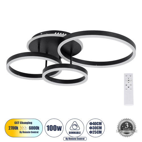 GLOBOSTAR® VENOM 61123 Μοντέρνο Φωτιστικό Οροφής LED 100W 12100lm 360° AC 220-240V IP20 Ρυθμιζόμενο Λευκό CCT με Χειριστήριο από 2700K έως 6000K Dimmable - Lumileds SMD Chip - Μαύρο Ματ - Μ70 x Π40 x Υ16cm - 3 Χρόνια Εγγύηση