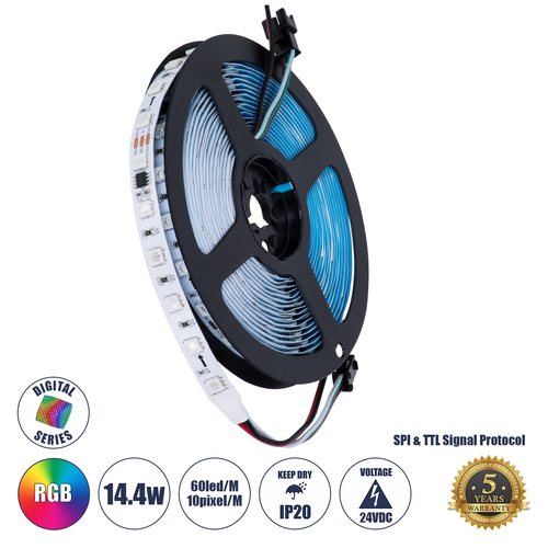 GLOBOSTAR® DIGIPRO 90596 Ψηφιακή Pixel Addressable Ταινία LED 14.4W/m 1152lm/m 120° DC 24V IP20 60 x SMD5050 Chip/m 10 x Pixel/m Πολύχρωμο RGB Dimmable SPI/TTL Protocol IC WS2811/SM16703P - Μ500 x Π1 x Υ0.2cm - Ρολό 5 Μέτρων - 5 Χρόνια Εγγύηση