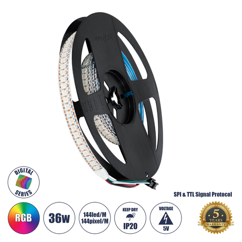 GLOBOSTAR® DIGIPRO 90597 Ψηφιακή Pixel Addressable Ταινία LED 36W/m 2880lm/m 120° DC 5V IP20 144 x SMD 5050 Chip/m 144 x Pixel/m Πολύχρωμο RGB Dimmable SPI/TTL Protocol IC WS2812/SK6812 - Μ200 x Π1.2 x Υ0.2cm - Ρολό 2 Μέτρων - 5 Χρόνια Εγγύηση