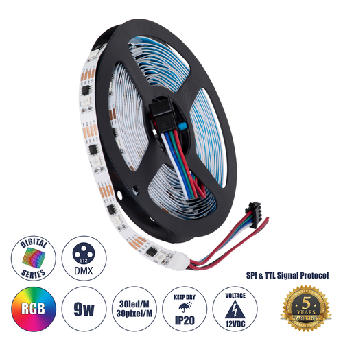 GLOBOSTAR® DIGIPRO 90599 Ψηφιακή Pixel Addressable Ταινία LED 9W/m 720lm/m 120° DC 12V IP20 30 x SMD 5050 Chip/m 30 x Pixel/m RGB Dimmable SPI/TTL Protocol IC TM1908 - Μ5000 x Π10 x Υ2mm - Ρολό 5 Μέτρων - 5 Χρόνια Εγγύηση