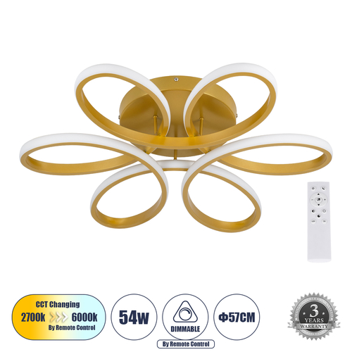 GLOBOSTAR® MARGARET 61403 Μοντέρνο Φωτιστικό Οροφής LED 54W 6210lm 360° AC 220-240V IP20 Ρυθμιζόμενο Λευκό CCT με Χειριστήριο από 2700K έως 6000K Dimmable - Lumileds SMD Chip - Χρυσό Βούρτσας - Μ57 x Π57 x Υ12cm - 3 Χρόνια Εγγύηση