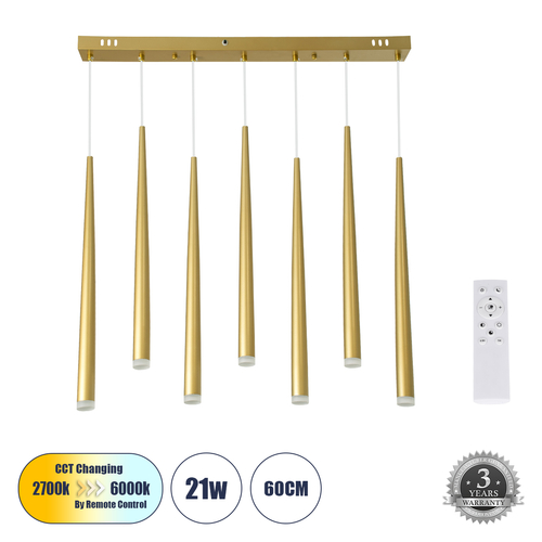 GLOBOSTAR® TEARS 61312 Μοντέρνο Κρεμαστό Φωτιστικό Οροφής LED 21W 2310lm 180° AC 220-240V IP20 Ρυθμιζόμενο Λευκό CCT με Χειριστήριο από 2700K έως 6000K Dimmable - Lumileds SMD Chip - Χρυσό Βούρτσας - Μ70 x Π3.2 x Υ60cm - 3 Χρόνια Εγγύηση