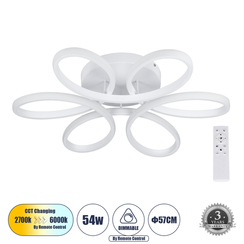 GLOBOSTAR® MARGARET 61401 Μοντέρνο Φωτιστικό Οροφής LED 54W 6210lm 360° AC 220-240V IP20 Ρυθμιζόμενο Λευκό CCT με Χειριστήριο από 2700K έως 6000K Dimmable - Lumileds SMD Chip - Λευκό Ματ - Μ57 x Π57 x Υ12cm - 3 Χρόνια Εγγύηση