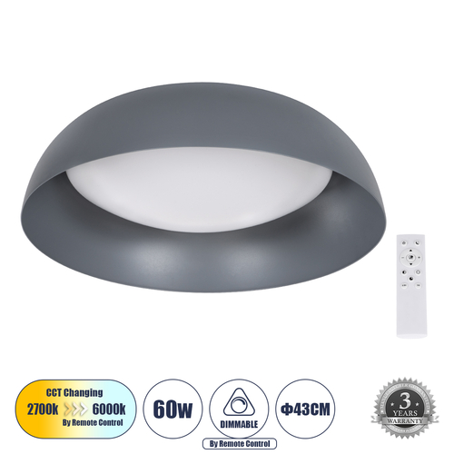 GLOBOSTAR® ANATOLIA 61262 Μοντέρνο Φωτιστικό Οροφής LED 60W 6900lm 120° AC 220-240V IP20 Ρυθμιζόμενο Λευκό CCT με Χειριστήριο από 2700K έως 6000K Dimmable - Lumileds SMD Chip - Γκρι - Μ43 x Π43 x Υ11cm - 3 Χρόνια Εγγύηση