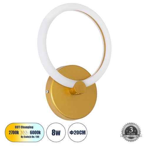GLOBOSTAR® MATILDA 61340 Μοντέρνο Φωτιστικό Τοίχου - Απλίκα LED 8W 960lm 360° AC 220-240V IP20 Ρυθμιζόμενο Λευκό CCT με On/Off 2700K/4500K/6000K - Lumileds SMD Chip - Χρυσό - Μ20 x Π5 x Υ25.5cm - 3 Χρόνια Εγγύηση