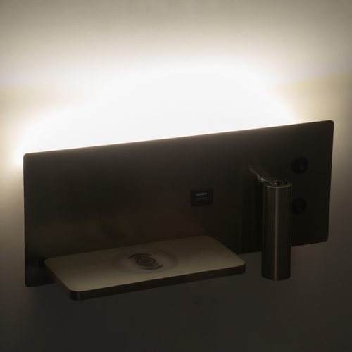 GLOBOSTAR® PALADIN 61355 Μοντέρνο Φωτιστικό Τοίχου - Απλίκα Ξενοδοχείου Reading Light με Φορτιστή USB 3A & Wireless 20W LED 6W 720lm 36° & 360° AC 220-240V IP20 Φυσικό Λευκό 4500K - Bridgelux COB Chip & TÜV SÜD Driver - Νίκελ Βούρτσας - Μ30 x Π11 x Υ12cm - 3 Χρόνια Εγγύηση