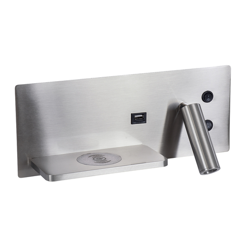 GLOBOSTAR® PALADIN 61355 Μοντέρνο Φωτιστικό Τοίχου - Απλίκα Ξενοδοχείου Reading Light με Φορτιστή USB 3A & Wireless 20W LED 6W 720lm 36° & 360° AC 220-240V IP20 Φυσικό Λευκό 4500K - Bridgelux COB Chip & TÜV SÜD Driver - Νίκελ Βούρτσας - Μ30 x Π11 x Υ12cm - 3 Χρόνια Εγγύηση