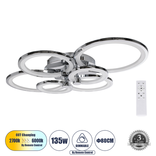 GLOBOSTAR® ROYAL-R 61324 Μοντέρνο Φωτιστικό Οροφής LED 135W 16200lm 360° AC 220-240V IP20 Ρυθμιζόμενο Λευκό CCT με Χειριστήριο από 2700K έως 6000K Dimmable - Lumileds SMD Chip - Ασημί Νίκελ - Μ80.5 x Π59 x Υ12cm - 3 Χρόνια Εγγύηση