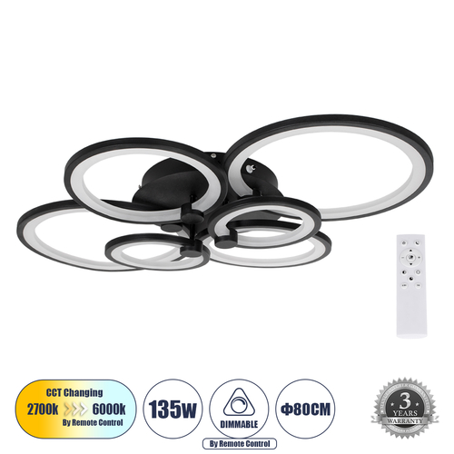 GLOBOSTAR® ROYAL-R 61323 Μοντέρνο Φωτιστικό Οροφής LED 135W 16200lm 360° AC 220-240V IP20 Ρυθμιζόμενο Λευκό CCT με Χειριστήριο από 2700K έως 6000K Dimmable - Lumileds SMD Chip - Μαύρο Ματ - Μ80.5 x Π59 x Υ12cm - 3 Χρόνια Εγγύηση