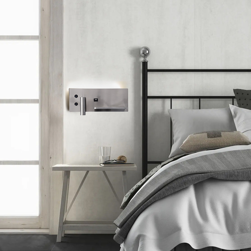 GLOBOSTAR® PALADIN 61356 Μοντέρνο Φωτιστικό Τοίχου - Απλίκα Ξενοδοχείου Reading Light με Φορτιστή USB 3A & Wireless 20W LED 6W 720lm 36° & 360° AC 220-240V IP20 Φυσικό Λευκό 4500K - Bridgelux COB Chip & TÜV SÜD Driver - Νίκελ Βούρτσας - Μ30 x Π11 x Υ12cm - 3 Χρόνια Εγγύηση