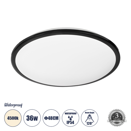 GLOBOSTAR® TUFFIN 60999 Φωτιστικό Πλαφονιέρα Οροφής LED 36W 3960lm 120° AC 220-240V Αδιάβροχο IP54 Φυσικό Λευκό 4500K - Lumileds SMD Chip - Μαύρο Ματ & Λευκό Γαλακτερό - Μ48 x Π48 x Υ6.5cm - 3 Χρόνια Εγγύηση