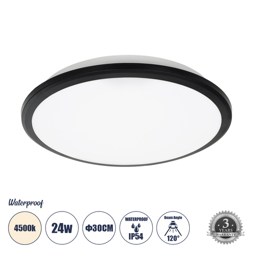GLOBOSTAR® TUFFIN 60997 Φωτιστικό Πλαφονιέρα Οροφής LED 24W 2640lm 120° AC 220-240V Αδιάβροχο IP54 Φυσικό Λευκό 4500K - Lumileds SMD Chip - Μαύρο Ματ & Λευκό Γαλακτερό - Μ30 x Π30 x Υ6.5cm - 3 Χρόνια Εγγύηση