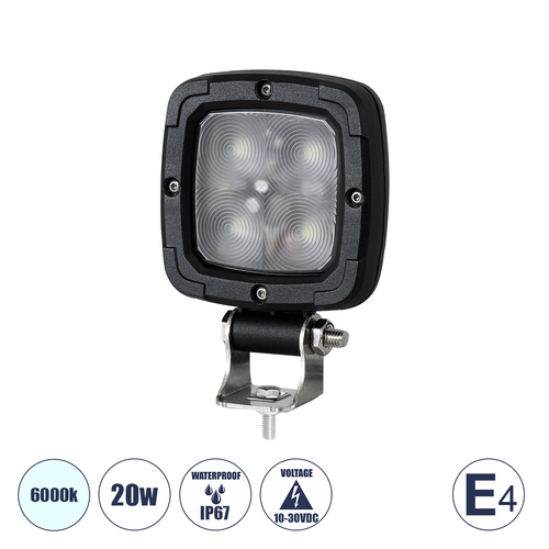 GloboStar® 85427 E4 Mark Vehicle & Forklift Work Lights - Φώτα Εργασίας για Οχήματα Περονοφόρα - Κλάρκ LED 20W DC 10-30V Αδιάβροχο IP67 Ψυχρό Λευκό 6000K Μ14 x Π9.5 x Υ3cm
