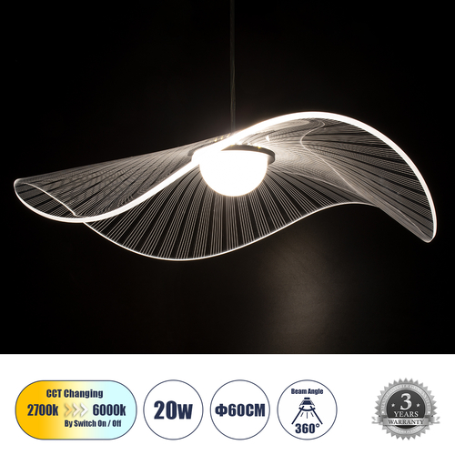 GLOBOSTAR® ACRYLICA 60975 Μοντέρνο Κρεμαστό Φωτιστικό Οροφής LED 20W 2240lm 360° AC 220-240V IP20 Ρυθμιζόμενο Λευκό CCT με On/Off 2700K/4500K/6000K - Lumileds SMD Chip - Διάφανο & Μαύρο Ματ - Μ60 x Π60 x Υ15cm - 3 Χρόνια Εγγύηση