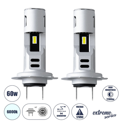 GloboStar® 85619 H7 SM-I7 KIT Βασικού Φωτισμού Αυτοκινήτου & Φορτηγού 3rd Generation Can-Bus Extreme Series LED CREE CXB COB 60W 7200lm DC 12V Αδιάβροχο IP67 Ψυχρό Λευκό 6000K