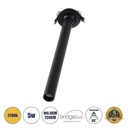 GLOBOSTAR® DALE 60373 Χωνευτό Κινούμενο Downlight Σποτ LED 5W 500lm 36° AC 220-240V IP20 Θερμό Λευκό 2700K - Bridgelux COB Chip & TÜV SÜD Driver - Μαύρο Ματ - Μ6.4 x Π6.4 x Υ30cm / Q5.5cm - 5 Χρόνια Εγγύηση