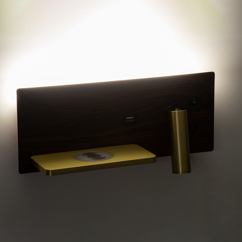 GLOBOSTAR® PALADIN 61361 Μοντέρνο Φωτιστικό Τοίχου - Απλίκα Ξενοδοχείου Reading Light με Φορτιστή USB 3A & Wireless 20W LED 6W 720lm 36° & 360° AC 220-240V IP20 Φυσικό Λευκό 4500K - Bridgelux COB Chip & TÜV SÜD Driver - Καφέ & Χρυσό Βούρτσας - Μ30 x Π11 x Υ12cm - 3 Χρόνια Εγγύηση