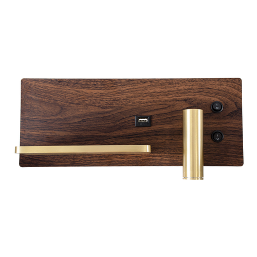 GLOBOSTAR® PALADIN 61361 Μοντέρνο Φωτιστικό Τοίχου - Απλίκα Ξενοδοχείου Reading Light με Φορτιστή USB 3A & Wireless 20W LED 6W 720lm 36° & 360° AC 220-240V IP20 Φυσικό Λευκό 4500K - Bridgelux COB Chip & TÜV SÜD Driver - Καφέ & Χρυσό Βούρτσας - Μ30 x Π11 x Υ12cm - 3 Χρόνια Εγγύηση