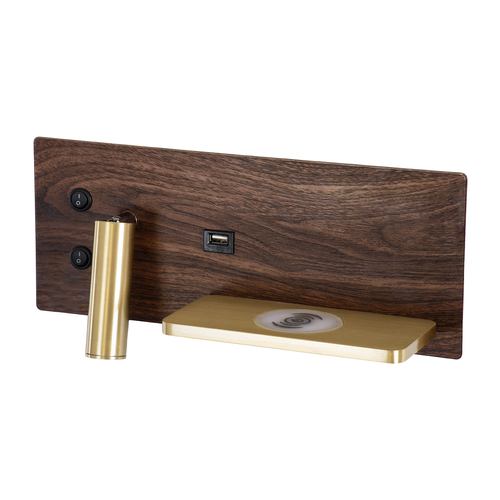 GLOBOSTAR® PALADIN 61362 Μοντέρνο Φωτιστικό Τοίχου - Απλίκα Ξενοδοχείου Reading Light με Φορτιστή USB 3A & Wireless 20W LED 6W 720lm 36° & 360° AC 220-240V IP20 Φυσικό Λευκό 4500K - Bridgelux COB Chip & TÜV SÜD Driver - Καφέ & Χρυσό Βούρτσας - Μ30 x Π11 x Υ12cm - 3 Χρόνια Εγγύηση