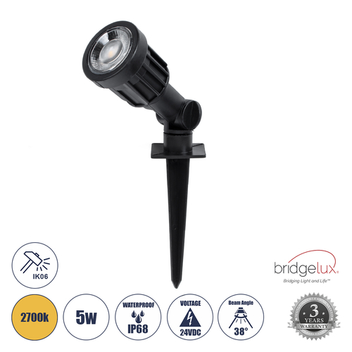 GLOBOSTAR® GARDENINI 61543 Φωτιστικό Σποτ για Φυτά - Δέντρα με Βάση Κήπου / Καρφωτό LED 5W 650lm 38° DC 24V Αδιάβροχο IP68 Θερμό Λευκό 2700K Dimmable - Lumileds SMD Chip - Μαύρο - Μ5.5 x Π5.5 x Υ13.5cm - 3 Χρόνια Εγγύηση