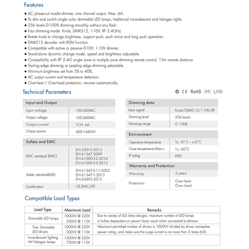 GLOBOSTAR® SKYDANCE-SK1 70674 AC Trailing Edge DMX Dimmer Ράγας με 1 x 6A 1440W Κανάλι AC 220-240V 6A 1440W Max IP20 - DMX512 & RDM - Μ16.8 x Π9.3 x Υ8cm - 5 Χρόνια Εγγύηση
