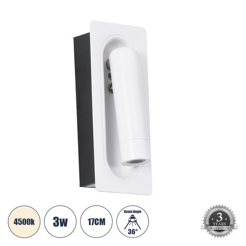 GLOBOSTAR® MANHATTAN 61098 Μοντέρνο Φωτιστικό Τοίχου - Απλίκα Ξενοδοχείου Reading Light LED 3W 405lm 36° AC 220-240V IP20 Φυσικό Λευκό 4500K - Bridgelux COB Chip & TÜV SÜD Driver - Λευκό - Μ7 x Π7 x Υ17cm - 3 Χρόνια Εγγύηση