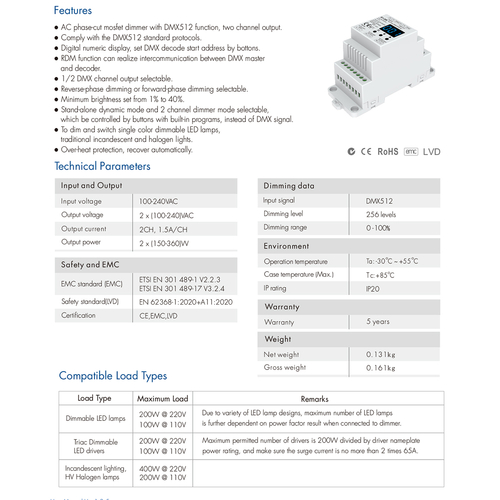 GLOBOSTAR® SKYDANCE-S1-DR 70670 AC Trailing Edge DMX Dimmer Ράγας με 2 x 1.5A 360W Κανάλια AC 220-240V 3A 720W Max IP20 - DMX512 & RDM - Μ11.5 x Π5 x Υ6.5cm - 5 Χρόνια Εγγύηση