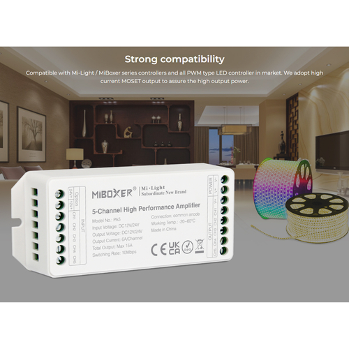 GLOBOSTAR® MiBOXER-PA5 71429 DC Ενισχυτής Ισχύος & Σήματος Υψηλής Ταχύτητας με 5 x 6A 144W Κανάλια DC 12-24V 15A 360W Max IP20 - Μ11.4 x Π4.9 x Υ2.8cm - 5 Χρόνια Εγγύηση