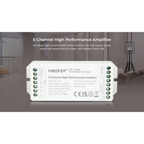 GLOBOSTAR® MiBOXER-PA5 71429 DC Ενισχυτής Ισχύος & Σήματος Υψηλής Ταχύτητας με 5 x 6A 144W Κανάλια DC 12-24V 15A 360W Max IP20 - Μ11.4 x Π4.9 x Υ2.8cm - 5 Χρόνια Εγγύηση