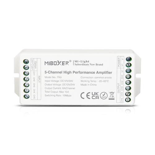 GLOBOSTAR® MiBOXER-PA5 71429 DC Ενισχυτής Ισχύος & Σήματος Υψηλής Ταχύτητας με 5 x 6A 144W Κανάλια DC 12-24V 15A 360W Max IP20 - Μ11.4 x Π4.9 x Υ2.8cm - 5 Χρόνια Εγγύηση