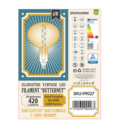 GLOBOSTAR® BUTTERNUT 99027 Λάμπα E27 R280 LED 6W 420lm 360° AC 220-240V IP20 Ultra Θερμό Λευκό 2200K Dimmable - Zig Long Filament Chip - Μελί - Μ28 x Π28 x Υ41cm - 3 Χρόνια Εγγύηση
