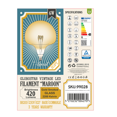 GLOBOSTAR® MAROON 99028 Λάμπα E27 BR200 LED 6W 420lm 360° AC 220-240V IP20 Ultra Θερμό Λευκό 2200K Dimmable - Soft T Spiral Filament Chip - Μελί - Μ20 x Π20 x Υ25.5cm - 3 Χρόνια Εγγύηση