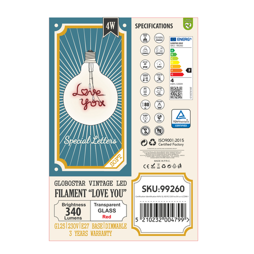GLOBOSTAR® LOVE YOU 99260 Λάμπα E27 G125 LED 4W 340lm 360° AC 220-240V IP20 Κόκκινο Dimmable - Filament Chip - Διάφανο - Μ12.5 x Π12.5 x Υ18cm - 3 Χρόνια Εγγύηση