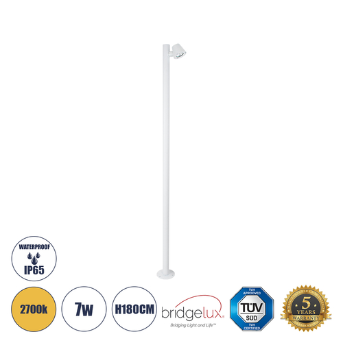 GloboStar® GARDENIA 60509 Φωτιστικό Κήπου - Πάρκου - Πλατείας - Κολωνάκι Αρχιτεκτονικού Φωτισμού Εξωτερικού Χώρου LED 7W 700lm 60° AC220-240V Αδιάβροχο IP65 - Σώμα Αλουμινίου & Tempered Glass - Μ15 x Π18 x Υ180cm - Θερμό Λευκό 2700K - Λευκό - Bridgelux Chip - 5 Years Warranty